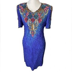 100% Silk Vintage DENISE ELLE Dress Beaded Sequin Blue Petite Small 80s 90s red
